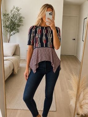 BCBG Black Red Printed Peplum Blouse XXS NWT